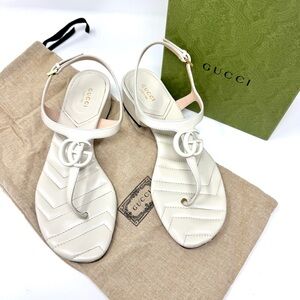 Gucci GG Marmont Mystic White Leather Double G Thong Matelassé Chevron Sandals